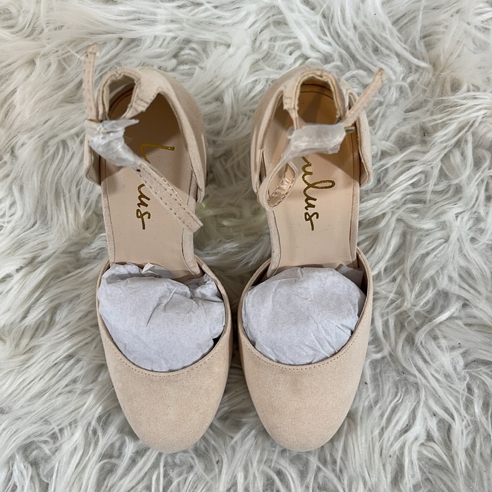 LULUS Laura Light Nude Suede Ankle Strap Chunky Heels Size 5.5 NEW - Picture 4 of 15